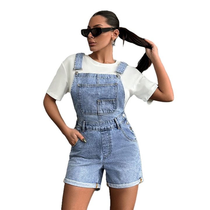 Salopeta Denim Scurta Dama, Cu Tiv Rulat Si Bretele, Albastru, 34