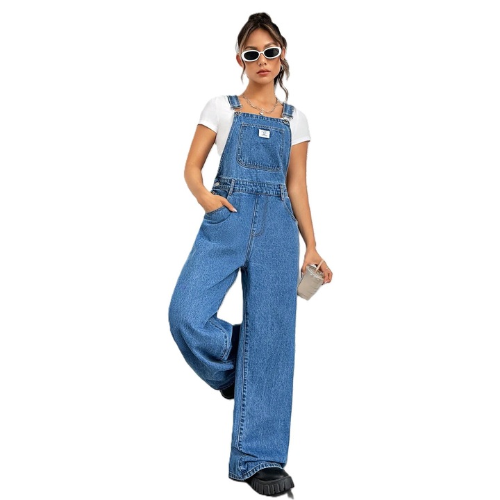 Дамски дънков гащеризон, стандартна кройка, с регулируеми презрамки и преден джоб, Син