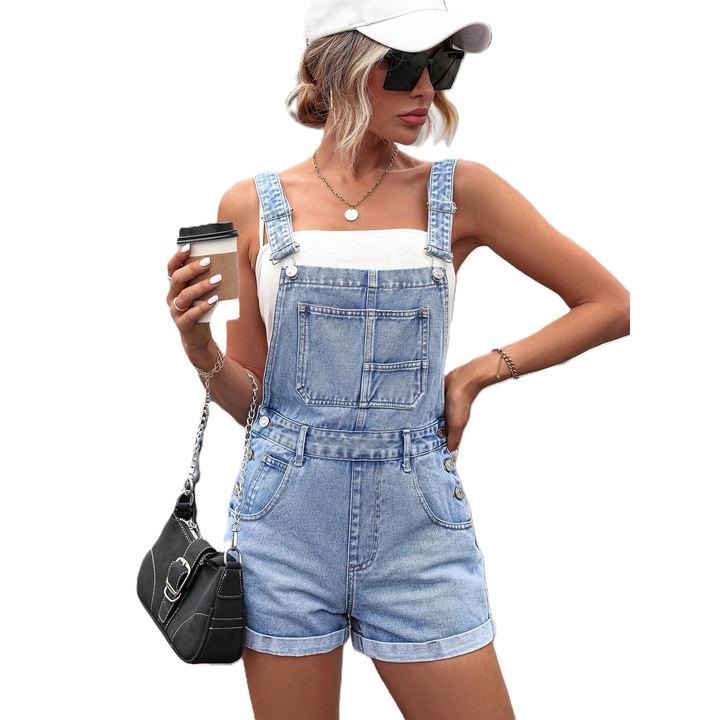 Дамски гащеризон, стандартна кройка, с навит подгъв и навит подгъв, дънков, Син