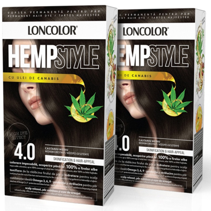 Pachet: 2 x Vopsea de par permanenta Loncolor HempStyle 4.0 Castaniu Mediu, 100 ml