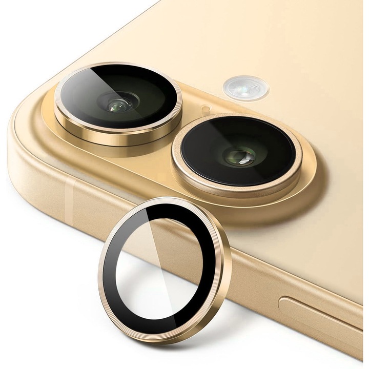Folie Protectie Camera pentru iPhone 16 / 16 Plus, Sticla Securizata, Aluminiu, 2 bucati, Ultra Slim, Duritate 9H, Anti Zgarieturi, Anti Amprente, Anti Socuri, Auriu
