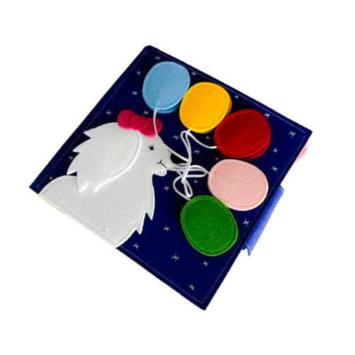 Carte senzoriala educativa pentru copii din fetru, 20x20cm, model catelusa cu baloane