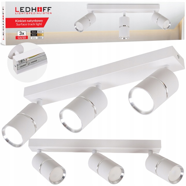 Set Lampa De Plafon LED Cu Socluri GU10, Ledhoff, 38x5x2.5x10 cm, Material Aluminiu, 3 Socluri GU10, Reglare Unghi De Iluminare, Alimentare Ac230V, Clasa De Protectie IP20, Alb/Silver