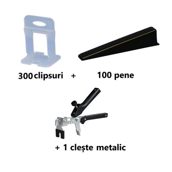 Pachet sistem nivelare gresie CONFORT 3 - 300 clipsuri 2 mm, 100 pene, 1 cleste metalic Pachet sistem nivelare gresie CONFORT 3 - 300 clipsuri 2 mm, 100 pene, 1 cleste metalic