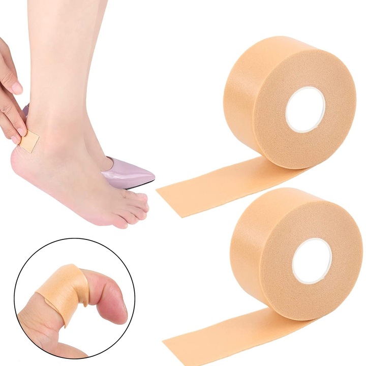 Set 2 banda pentru calcai, Axroad Mall, Flexibila si elastica, Design impermeabil si autoadeziv, Amelioreaza presiunea si durerea degetelor de la picioare si de la maini, Spuma, 2.5cm x 5m, Culoare Skin