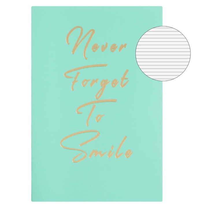 Carnet Notite A6, Model "Never Forget to Smile", Culoare Verde Menta, 60 File, Coperta Moale, Capsat, MYONNA IT & E- COMMERCE ®