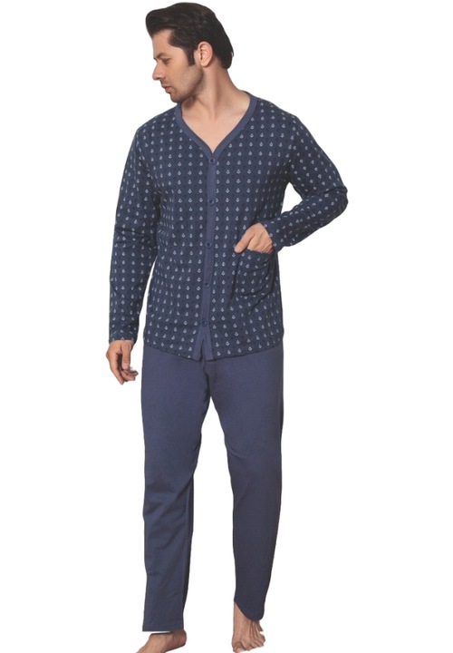 Pijama Barbati Premium cu Nasturi, Uramag, 100% Bumbac, 2 piese, Bleumarin