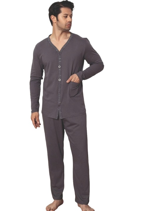 Prémium férfi pizsama gombokkal, Uramag, 100% pamut, 2 db, Szürke