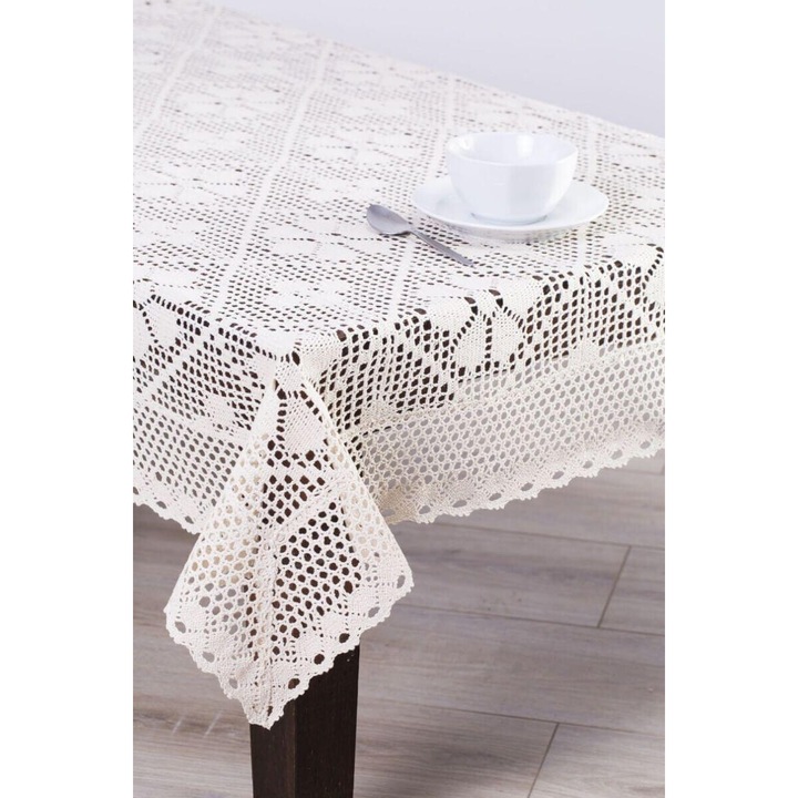 Obrus rotund ecru 90cm, din bumbac si poliester, cu model floral