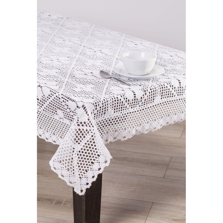 Fata de masa crosetata, Model floral, Bumbac, 130x180cm, Alb
