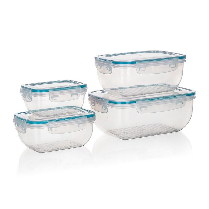 Set 4 cutii alimentare cu capac, Plastic, Turcoaz, 0.4l-2.3l