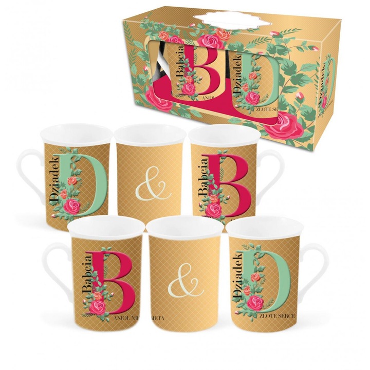 Set cani pentru Babci si Dziadka, 300 ml, cu elemente aurii, cutie decorativa