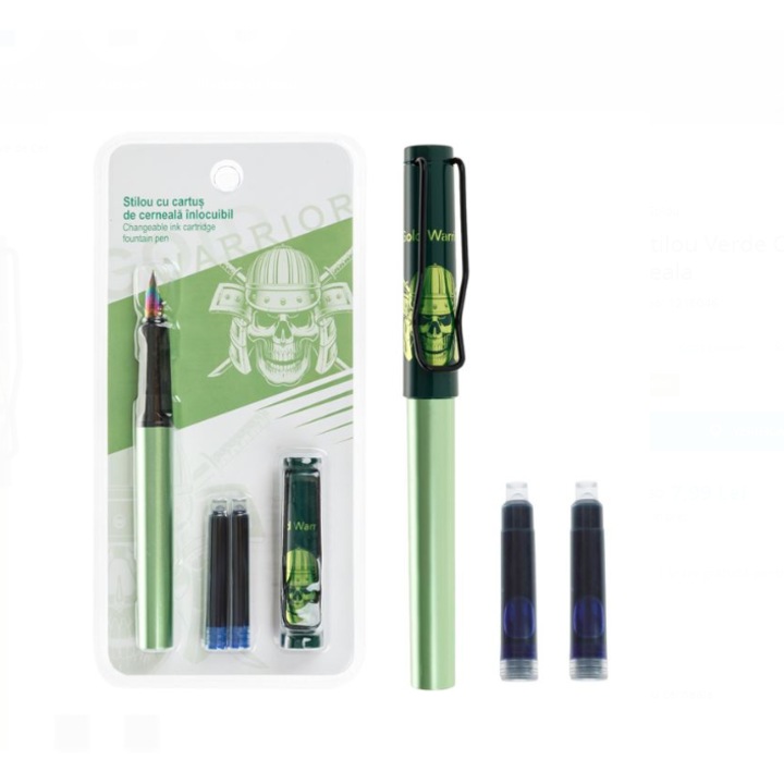 Set stilou/2 rezerve cerneala, BURRAQ, Model craniu, Verde