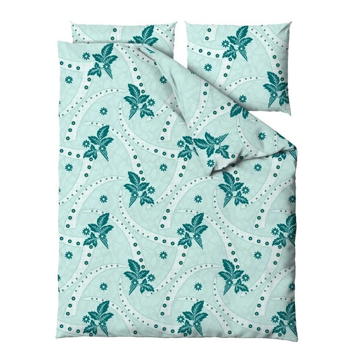 Lenjerie de pat din satin, model frunze, 200x220 cm, 2 fete de perna 70x80 cm, verde