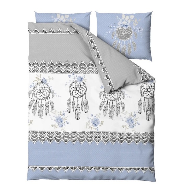 Lenjerie de pat din satin, model boho, 140x200 cm, fata de perna 70x80 cm, multicolor