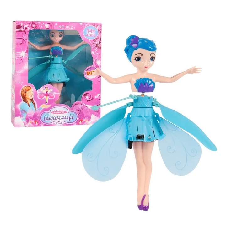 Jucarie interactiva Zana zburatoare, cu led, incarcare USB, culoare albastru, 19.5 cm