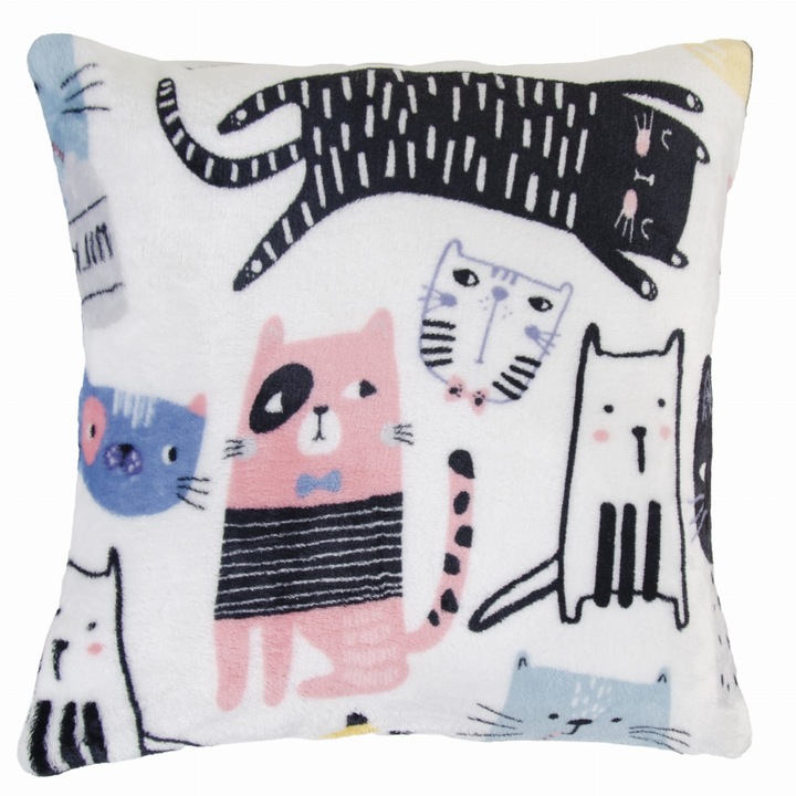 Fata de perna decorativa, Fluffy Friends, Print cu pisici, Microfibra, 40x40cm