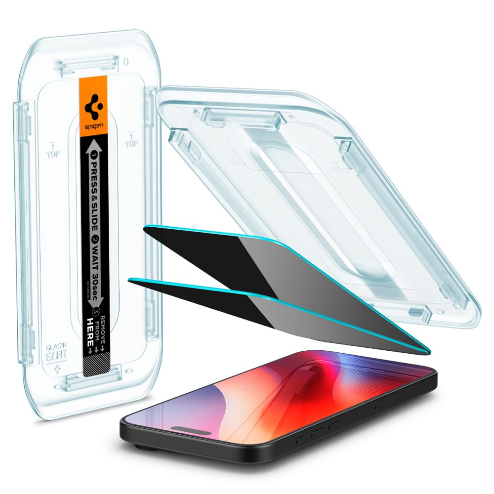Set 2 folii sticla cu sistem de montare Case friendly Spigen GLAStR EZ FIT compatibil cu iPhone 16 Pro Privacy