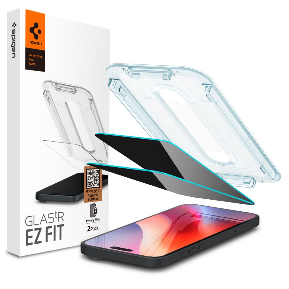 Set 2 folii sticla cu sistem de montare Case friendly Spigen GLAStR EZ FIT compatibil cu iPhone 16 Pro Privacy