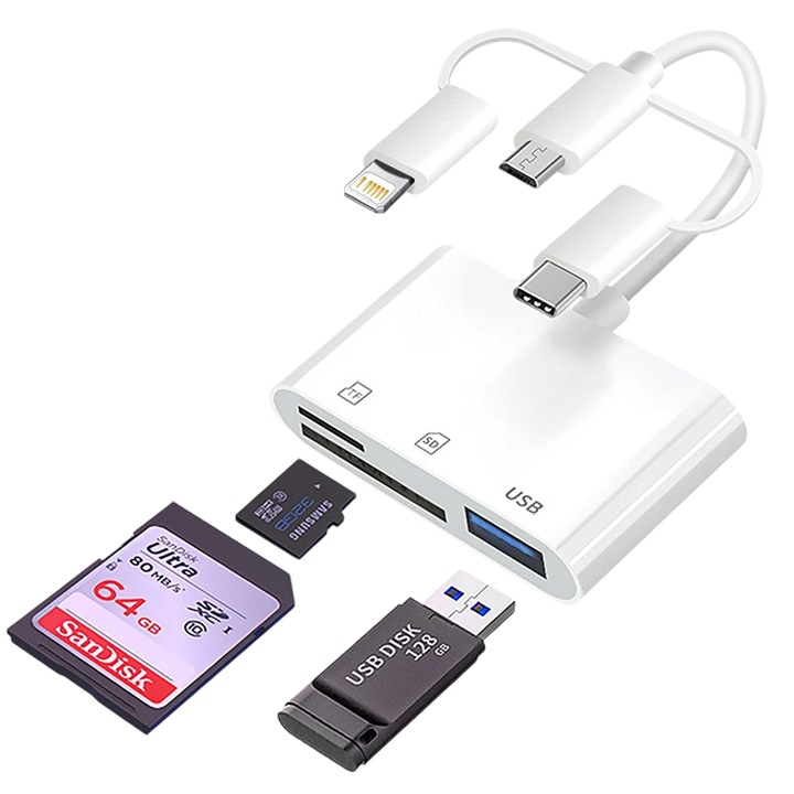 OTG адаптер 3 в 1 Lightning / USB Type-C / Micro USB Staryon® към USB 3.0, четец на карти SD и MicroSD, съвместим с Apple iPhone, iPad, Macbook, Samsung, Huawei, Xiaomi, лаптоп и телефон