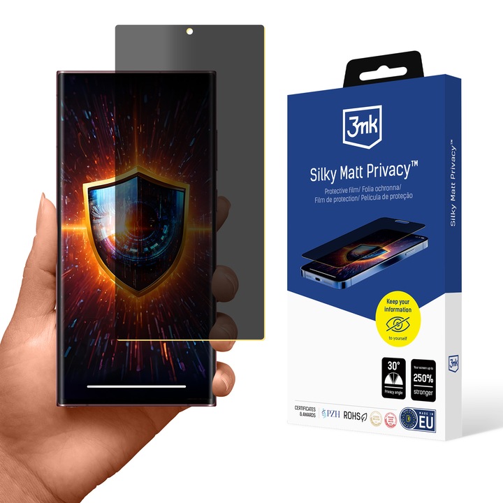 Folie de protectie 3MK Silky Matt Privacy pentru Samsung Galaxy S22 Ultra 5G, mata, rezistenta la zgarieturi, instalare usoara