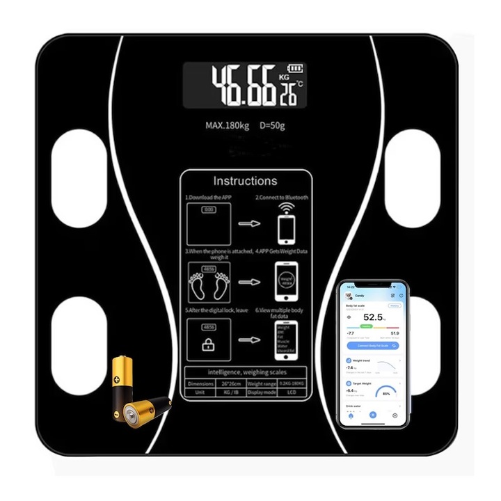 Intelligens elektronikus fürdőszobai mérleg NextFarma®, intelligens alkalmazás, bluetooth kapcsolat, megvilágított digitális kijelző, maximális súlya 180 kg, elemekkel, fekete