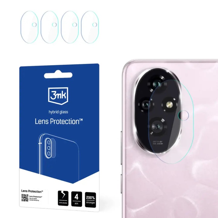 Set 4 protectii camera pentru Honor 200, 3MK, sticla hibrid, 6H, transparent