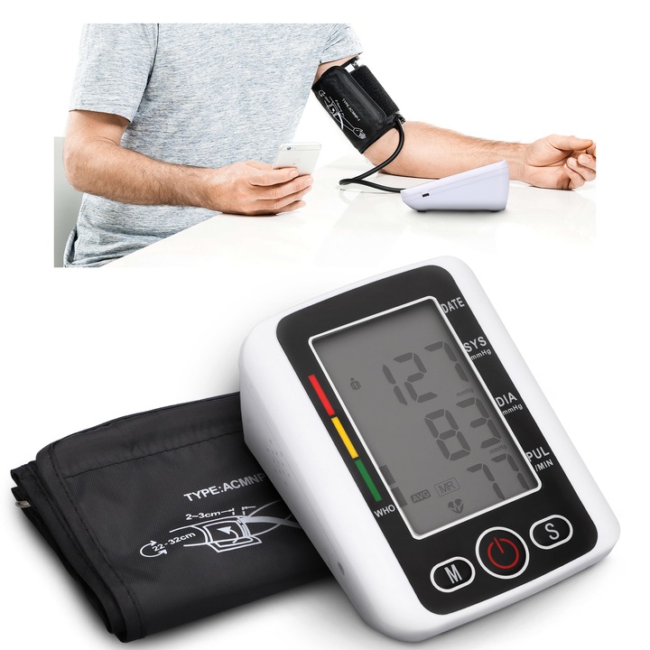 Апарата за кръвно налягане Extralink K-69 напълно автоматичен, за горната част на ръката, LCD дисплей, захранван от батерия, черно/бяло