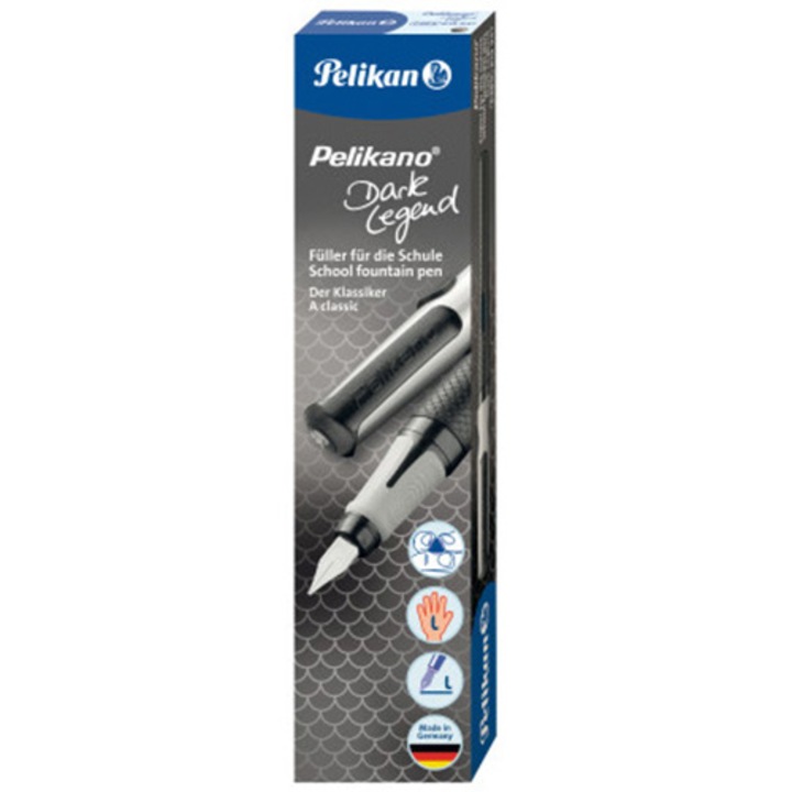 Stilou Pelikano Dark Legend, Stangaci, grip ergonomic, pentru stangaci, 1 patron mare albastru inclus, in cutie carton, Negru