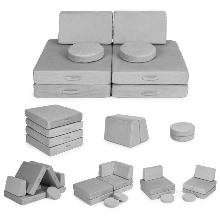 ECOTOYS moduláris összecsukható kanapé gyerekeknek, 2 ülőhellyel és 8 puha párnával, szürke