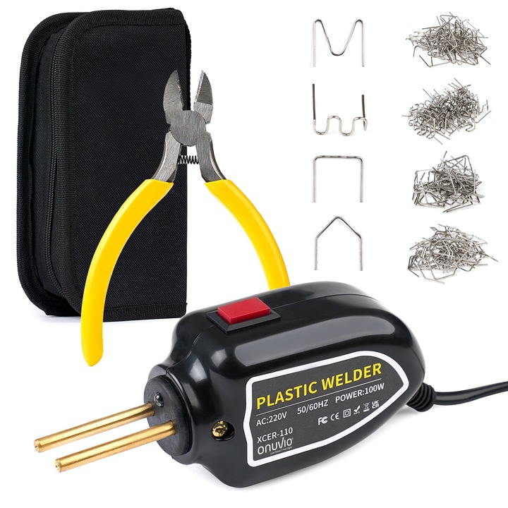 Set Pistol 100W si Capse pentru Lipit Plastic Onuvio™, Trusa pentru sudat plastic, kit pentru repararea fisurilor din plastic pentru bare auto, 200 capse si geanta transport inclusa