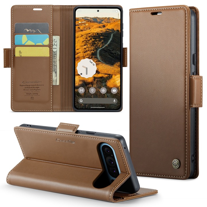 Husa pentru Google Pixel 10, 10 Pro, Pixel 9, 9 Pro, CaseMe, slim, piele, tip portofel, stand, inchidere sigura magnetica, textura moale si aderenta in mana, protectie RFID, Maro