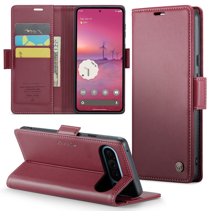 Husa pentru Google Pixel 10, 10 Pro, Pixel 9, 9 Pro, CaseMe, slim, piele, tip portofel, stand, inchidere sigura magnetica, textura moale si aderenta in mana, protectie RFID, Rosu