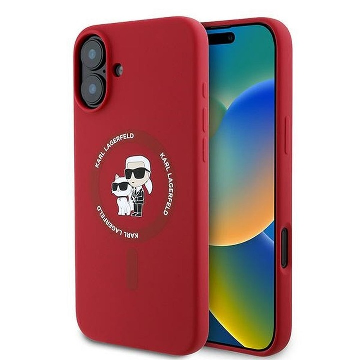 Husa Karl Lagerfeld pentru iPhone 16 Plus, Compatibila cu Magsafe, Model Silicone KC Body Ring, Rosu