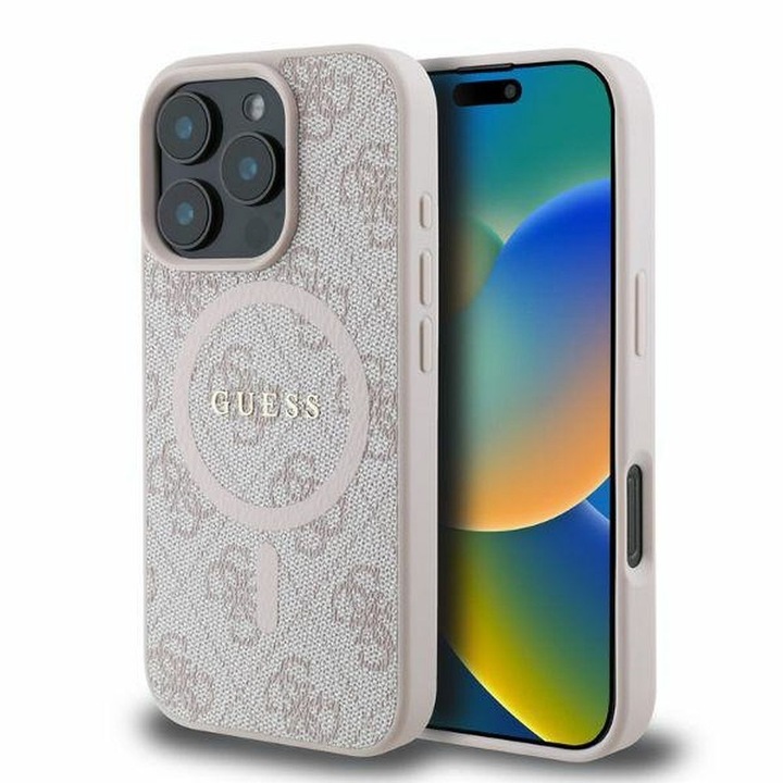 Калъф Guess за iPhone 16 Pro Max, модел, PU 4G Ring Classic Logo, съвместим с Magsafe, розов