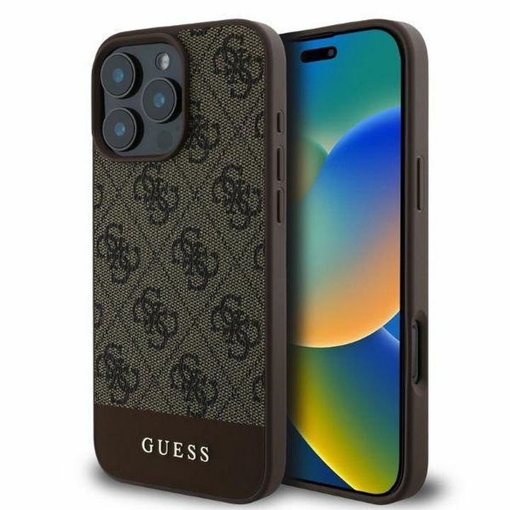 Husa Guess pentru iPhone 16 Pro Max, Model, PC/TPU 4G PU Bottom Stripe, Maro