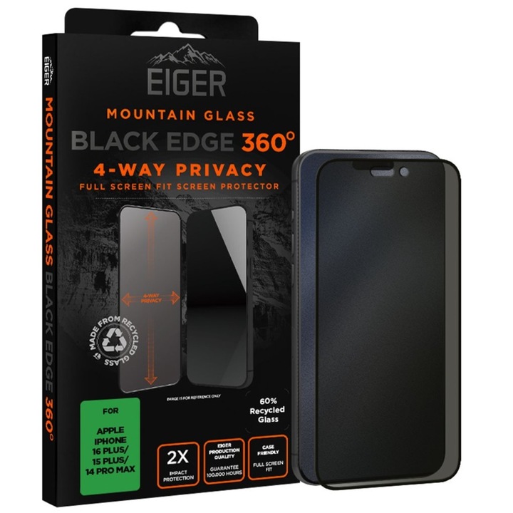 Folie de protectie Eiger Sticla Privacy Mountain Black Edge 360 pentru iPhone 16 Plus / 15 Plus / 14 Pro Max