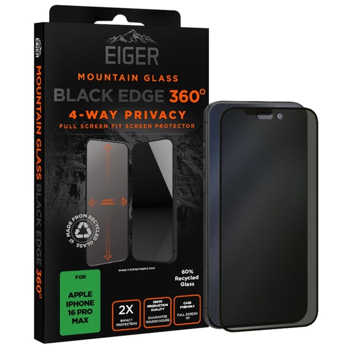 Folie de protectie Eiger Sticla Privacy Mountain Black Edge 360 pentru iPhone 16 Pro Max