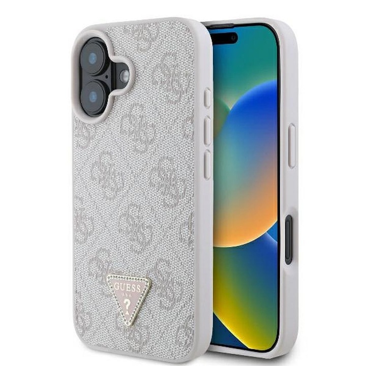 Husa Guess pentru iPhone 16, Model, PU Leather 4G Triangle Strass, Alb/Roz
