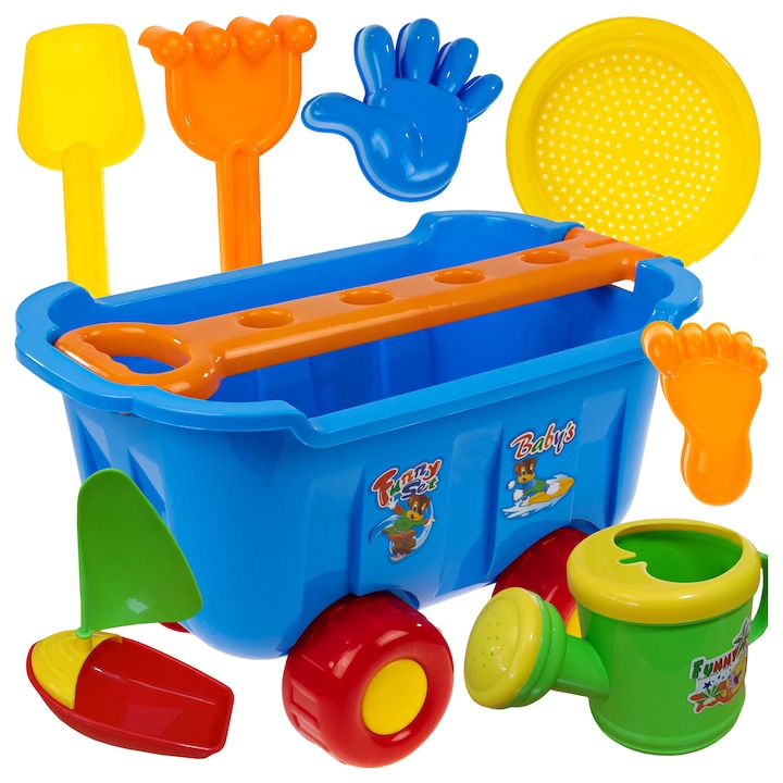 Set de jucarii cu nisip pentru copii, 8 piese, carucior, udator, matrite, lopata, greble