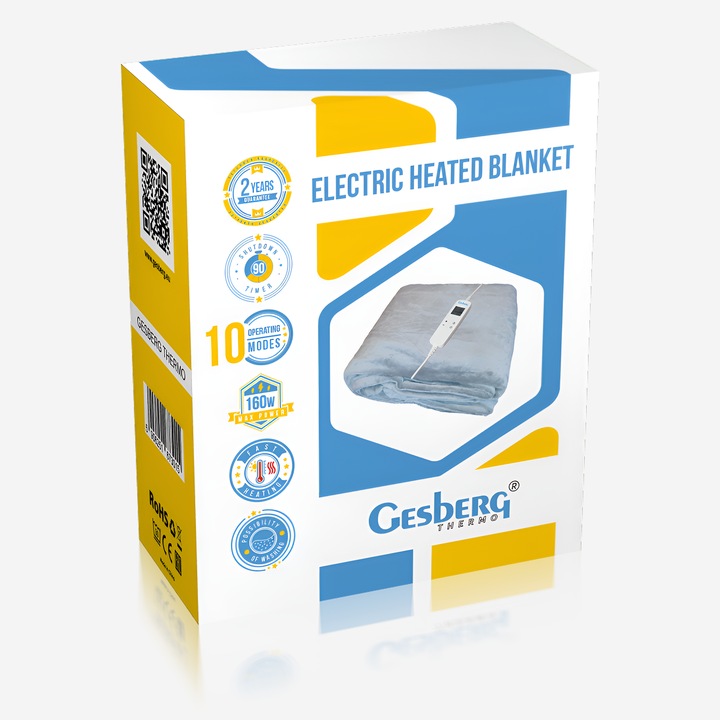 Patura electrica Gesberg, 180x130cm, 160W, gri, 10 trepte de incalzire, telecomanda LCD, set