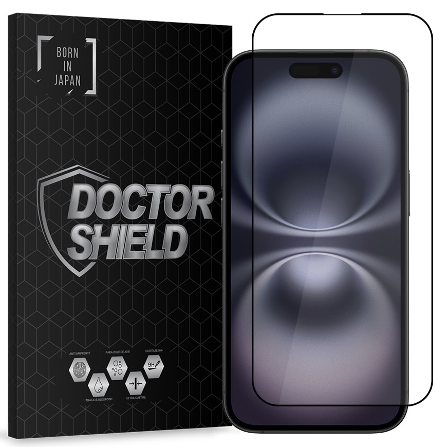 Folie Sticla Dr.Shield, Compatibil Apple iPhone 16, Full Cover 3D - Negru