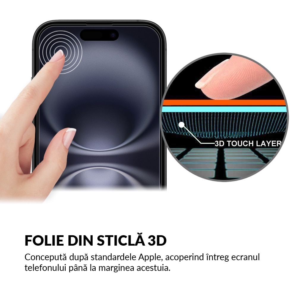 Folie Sticla Dr.Shield, Compatibil Apple iPhone 16, Full Cover 3D - Negru
