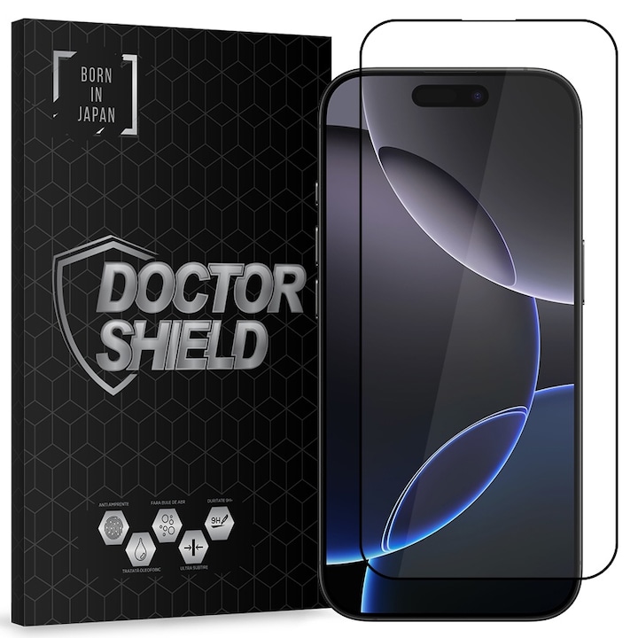 Стъклено фолио Dr.Shield, съвместимо с Apple iPhone 16 Pro Max, пълно покритие 3D - черно