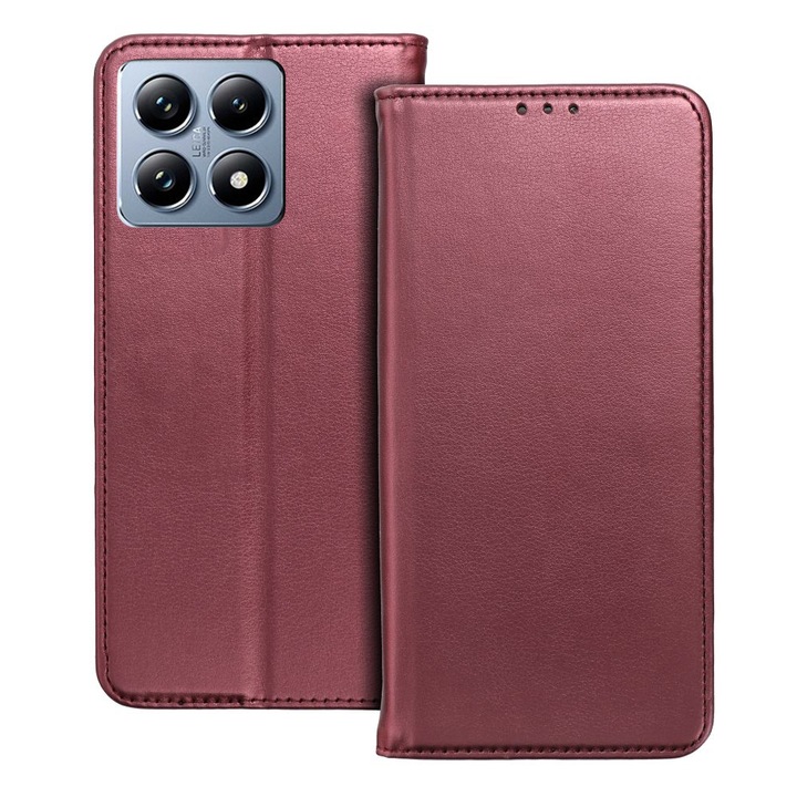 Xiaomi 14T Pro 5G készülékkel kompatibilis - Smart Magnetic burgundy szilikon keretes mágneses könyvtok