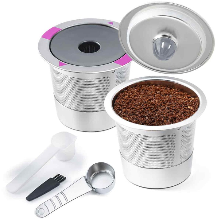 Set de filtre reutilizabile din inox pentru cafea, AMRINUGL, compatibile cu aparate Keurig 1.0 si 2.0, usor de curatat, 2 bucati