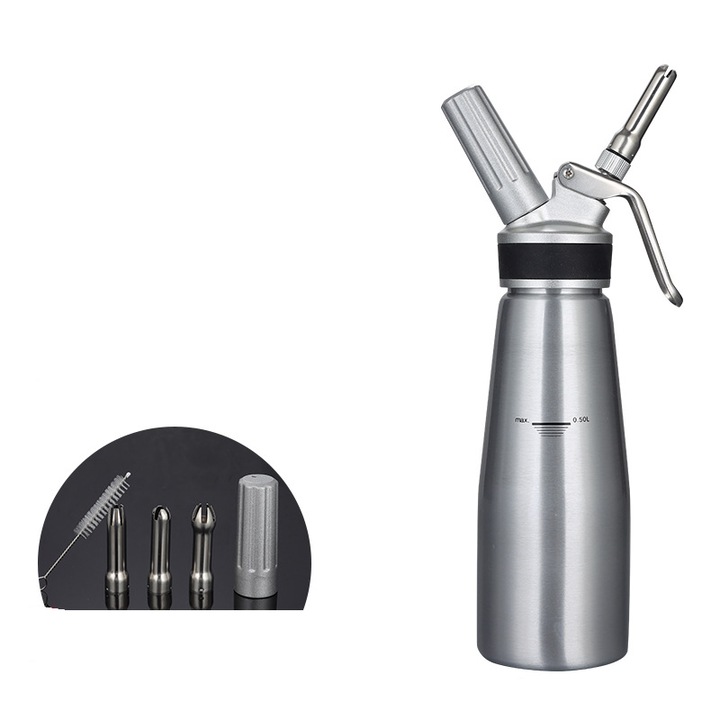 Дозатор за бита сметана 500 мл, Longziming, алуминиев корпус, 3 накрайника от неръждаема стомана, лесен за почистване