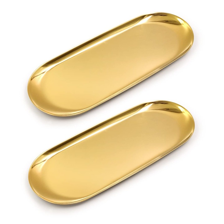 Farfurie de servire, AMRUGL, set 2 bucati, ovala, aurie, 23x9cm