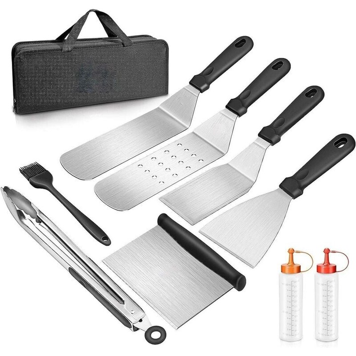 Set ustensile gratar AMRINUGL, accesorii din otel inoxidabil, spatule profesionale, termometru pentru carne, sticle spray fara scurgeri