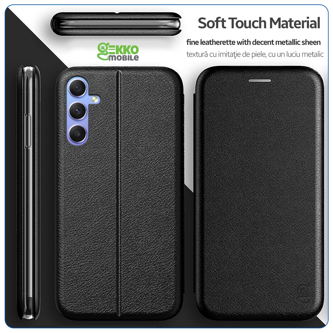 Husa carte pentru Samsung A34, cu Magnet, buzunar Card, Functie Stand, din Piele-Eco, interior Microfibra, 360° Elegance, Neagra